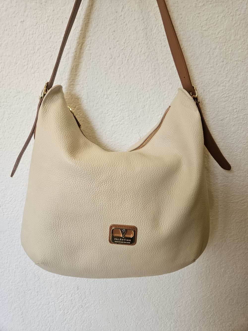 Valentina Italian Pebbled Leather Hobo Shoulder Bag Cream